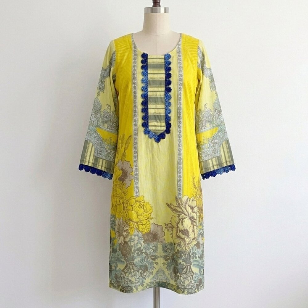 SOLD Handmade Custom Color Midi Tropical Boho Dress Neon Yellow Blue Floral